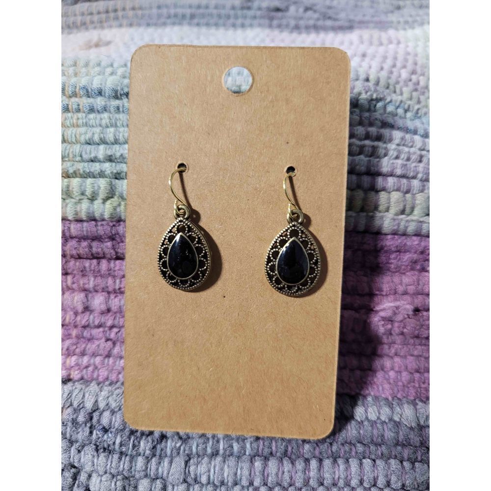 (3 For $15)~Joma~ Antiqued Goldtone Teardrop Earrings With Black Accent- Nwt